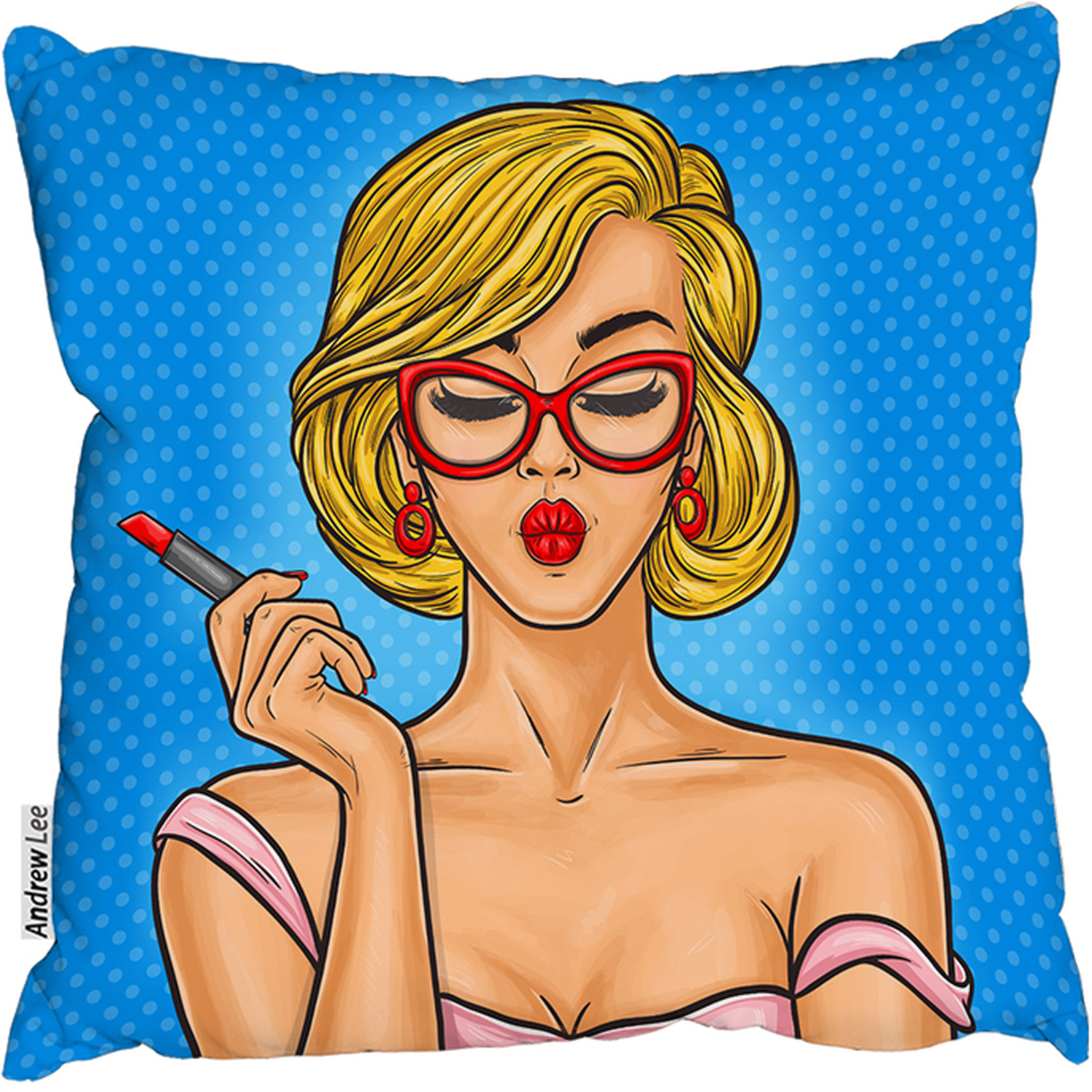 Pop Art Illustration Woman Paints Her Lips Outdoor Cushion - Blue / 60cm