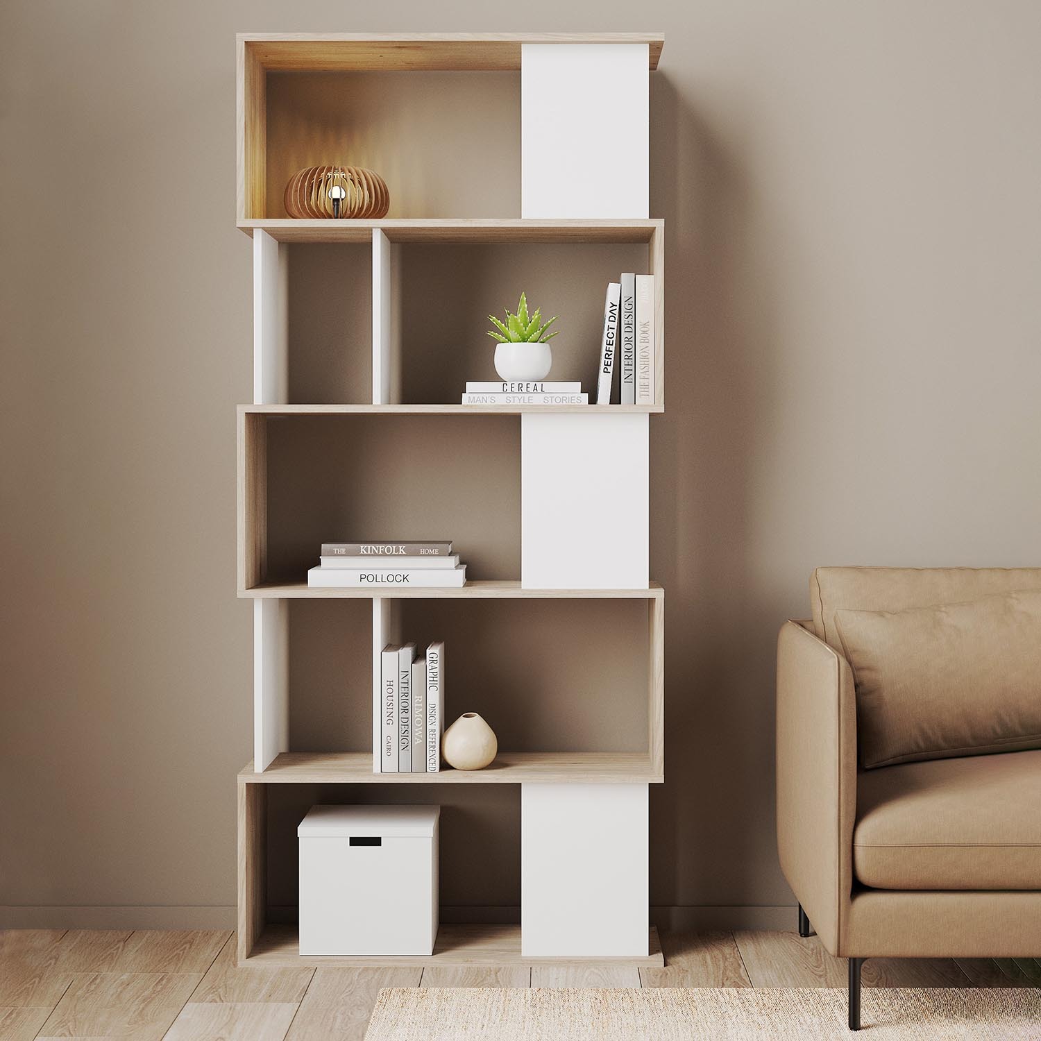 Rackhams White Maze Open Bookcase 4 Shelves In Jackson Hickory Oak And - Jackson Hickory Oak And - Wood - 1 - Image 4