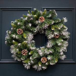 Artificial Snow Dusted Wreath with Pinecones