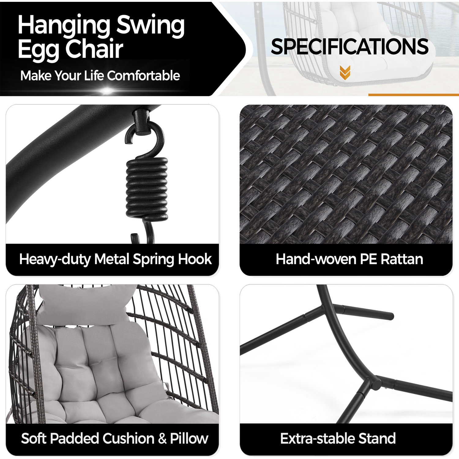 Foldable Rattan Swing Chair For Garden Outdoor Indoor - Black Grey