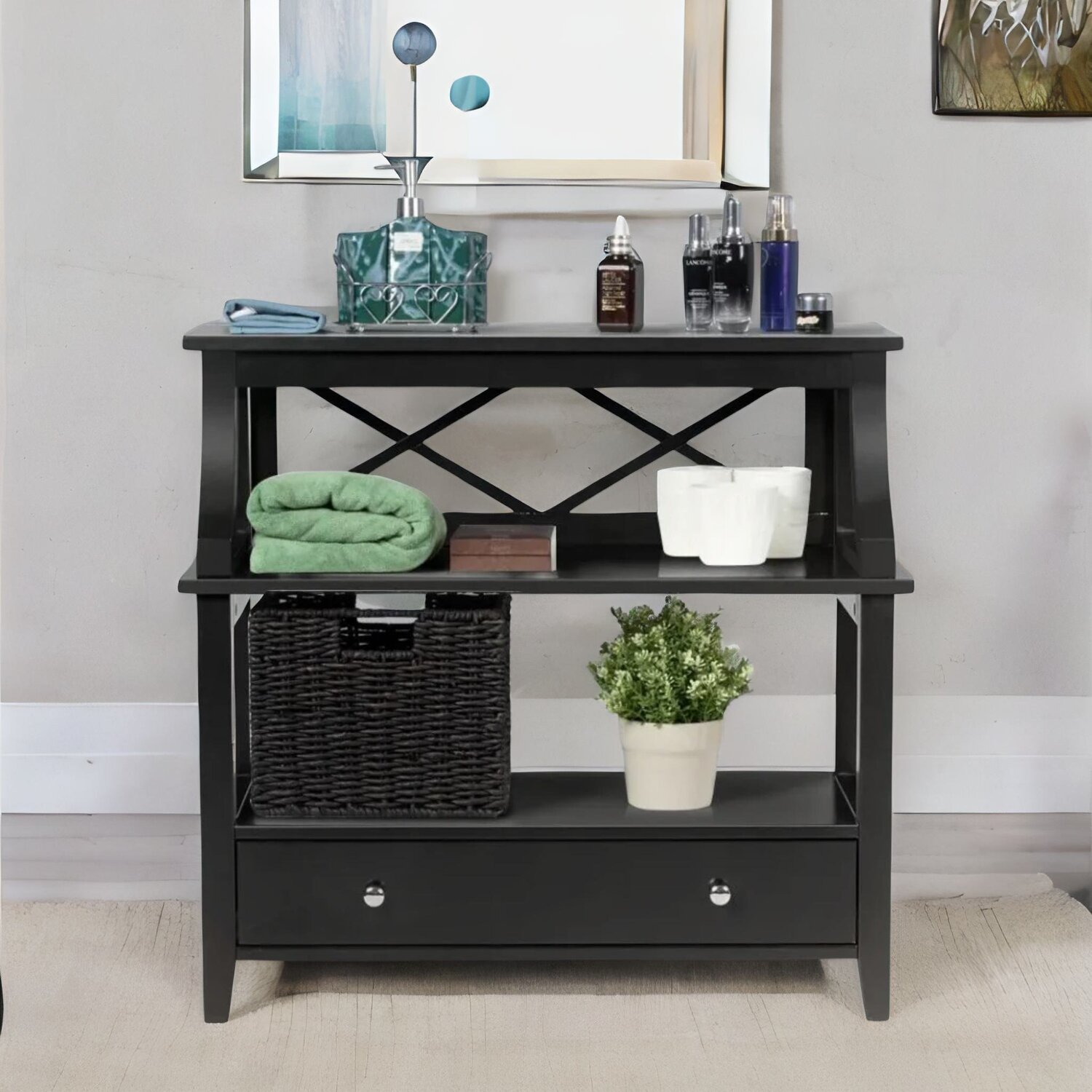 Modern 3 Tier Console Table With 2 Drawers and Storage Shelves
