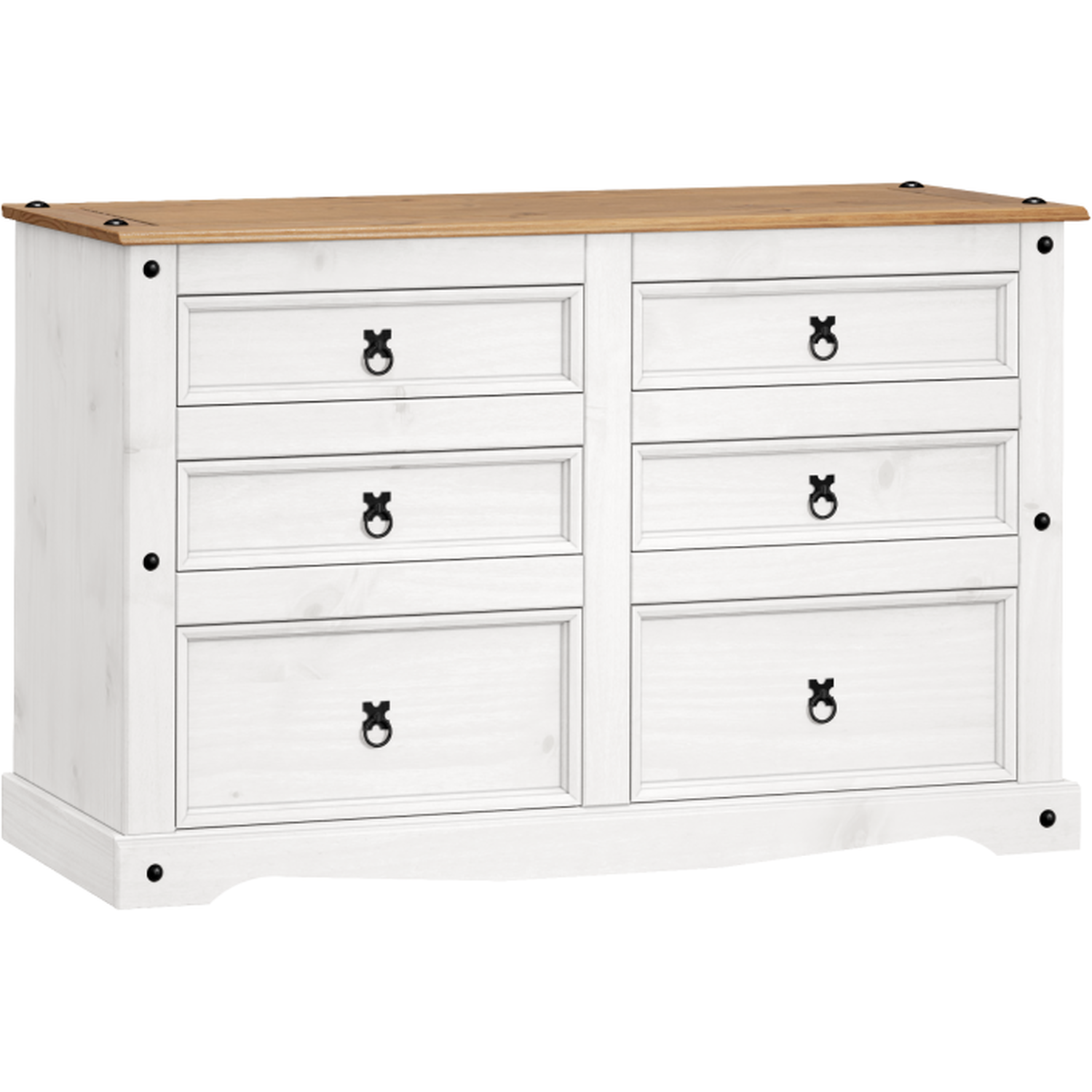 Corona Low 3 Plus 3 Wide Chest Of Drawers 6 Drawer Chest Solid Wood Pine Wooden - Distressed White Wax