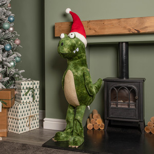 Humongous Standing Christmas Dinosaur with Santa Hat