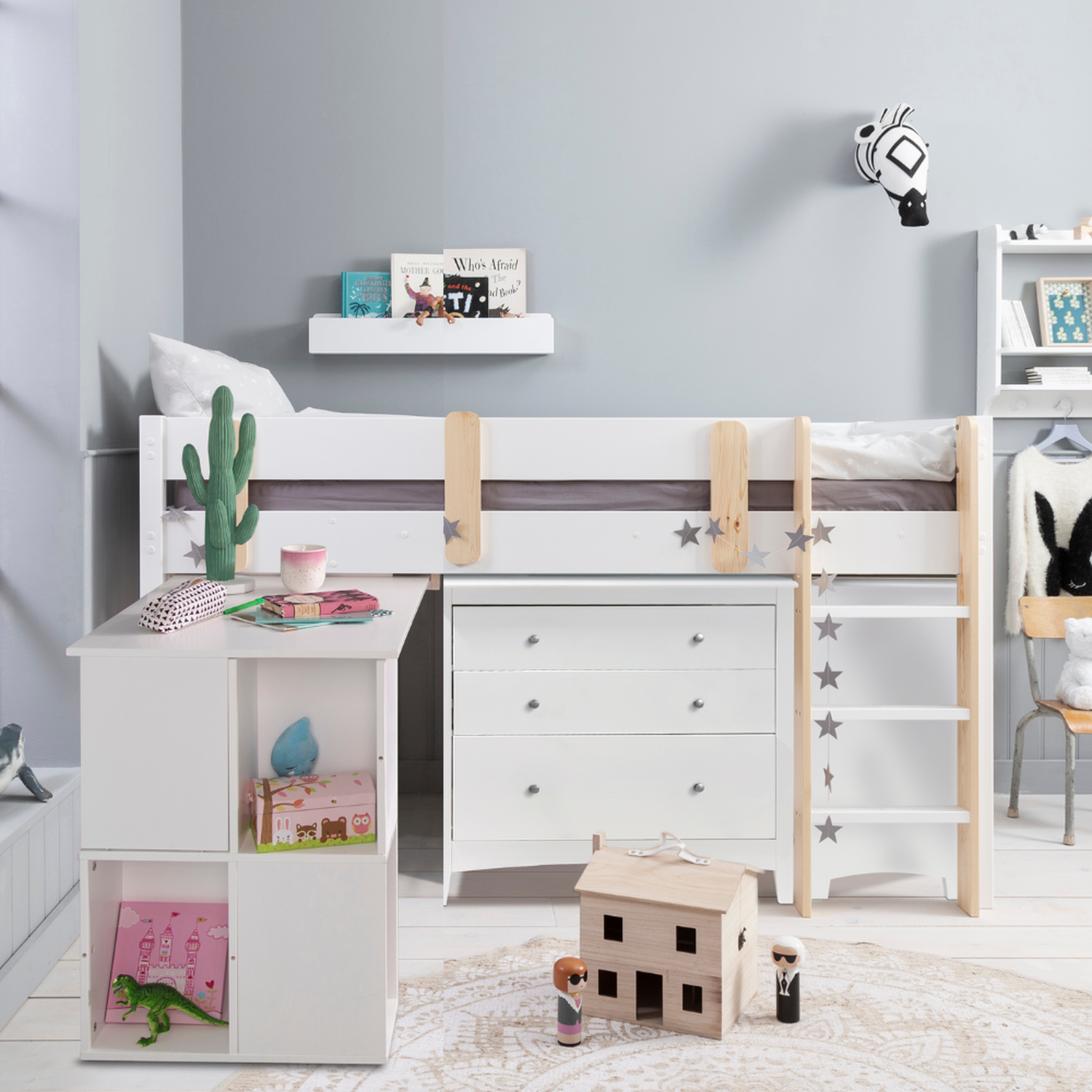 Una Kids Cabin Bed Sleepstation With Chest Of Drawers Cabinet And Desk - White