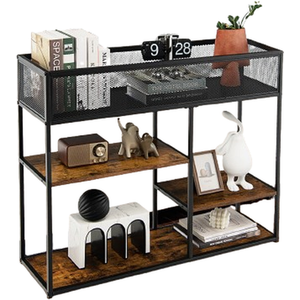4 Tier Industrial Console Table with Wire Basket