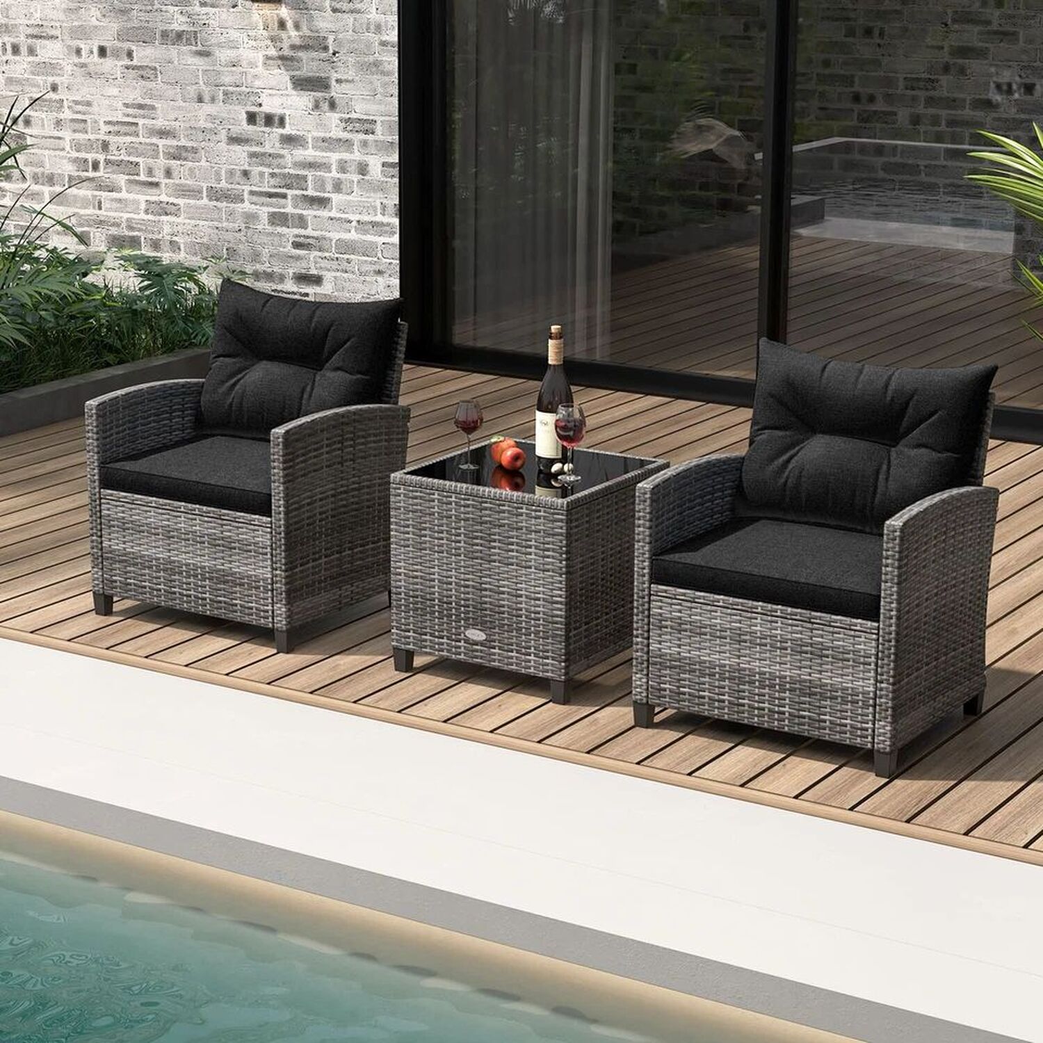 3 Piece Patio Rattan Chair And Table Set Outdoor Wicker Bistro - Grey