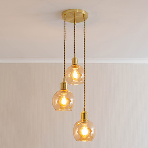 Bellamy Amber Glass Globe 3 Drop Cluster Ceiling Pendant Light with LED Bulbs