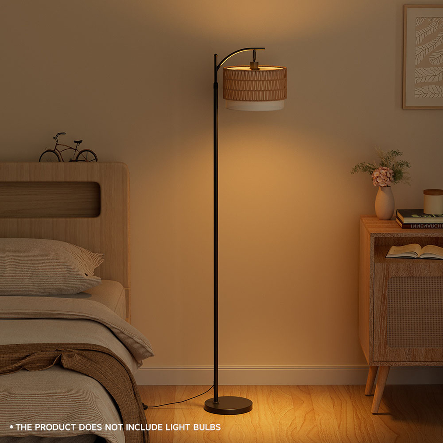Floor Lamp With Rattan Fabric Lampshade - Black