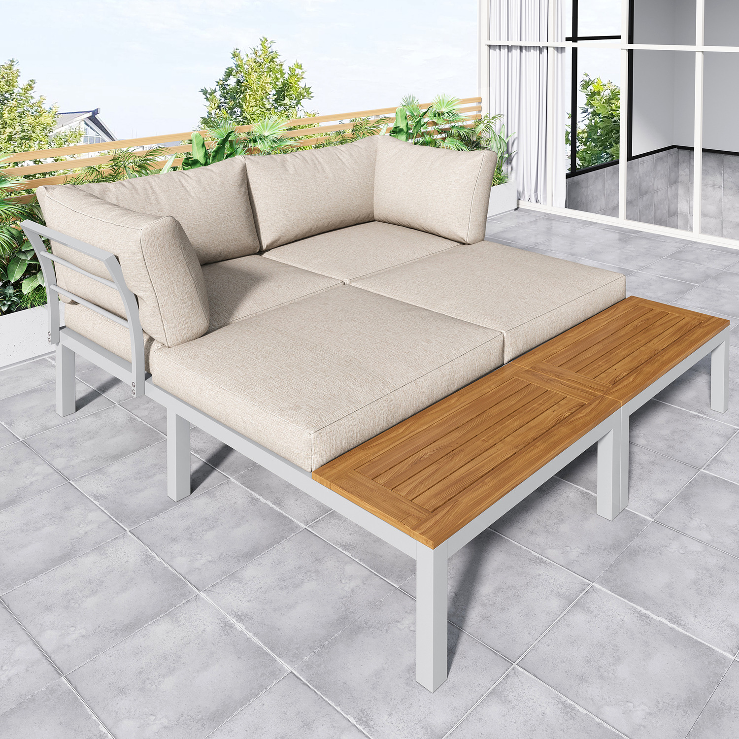 L-shaped Outdoor Lounge Set With Coffee Table - Beige