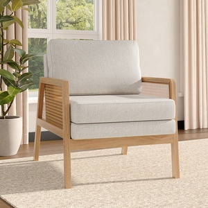 Cushion Wooden Armchair with Woven Rattan Armrests
