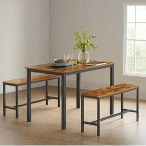 Industrial Dining Table with Rustic Benches