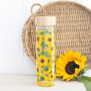 Sunflower Print Glass Water Bottle 600Ml