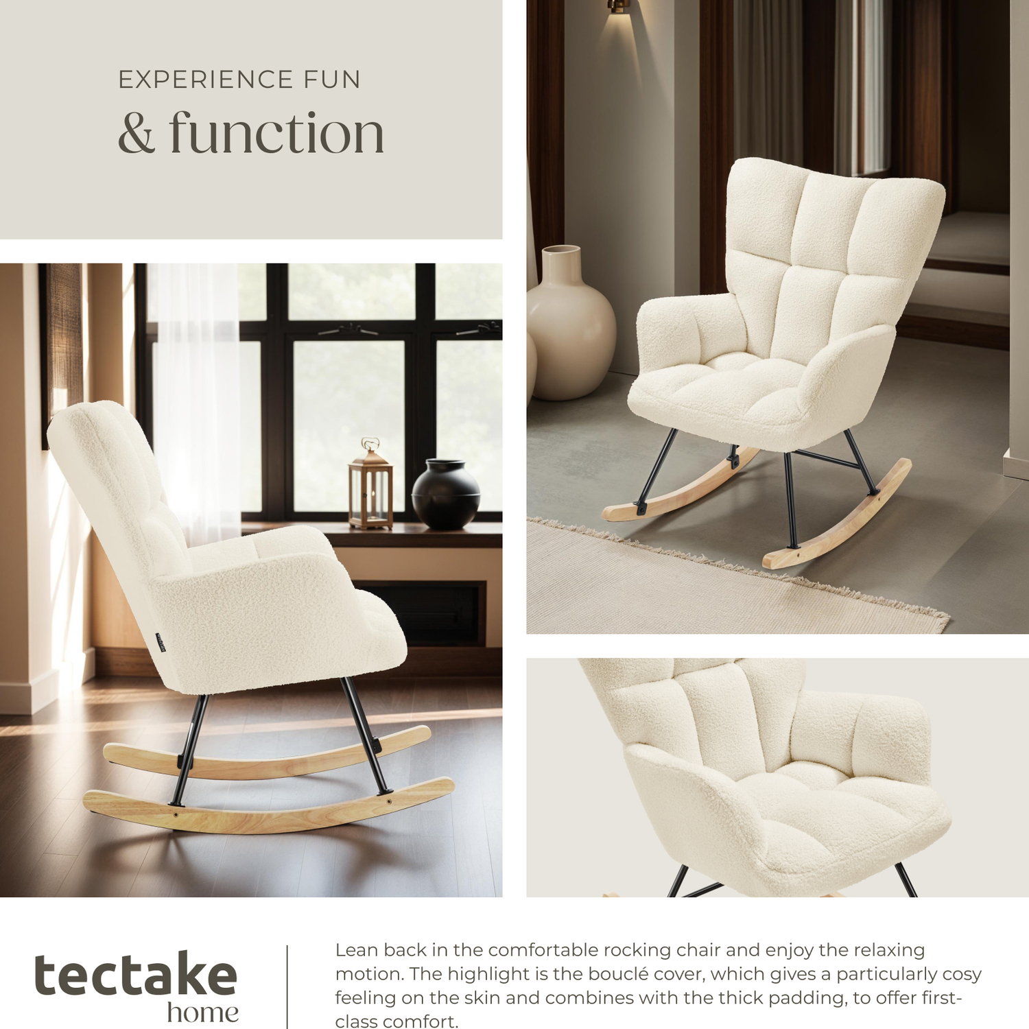 Rocking Chair Torve Boucle Plush Padding Wooden Runners - Beige Boucle