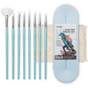 HIMI Brush Set of 8 - Set includes 1x fan 1x filbert x flat 2x round and 2 liner brushes (Blue Case)