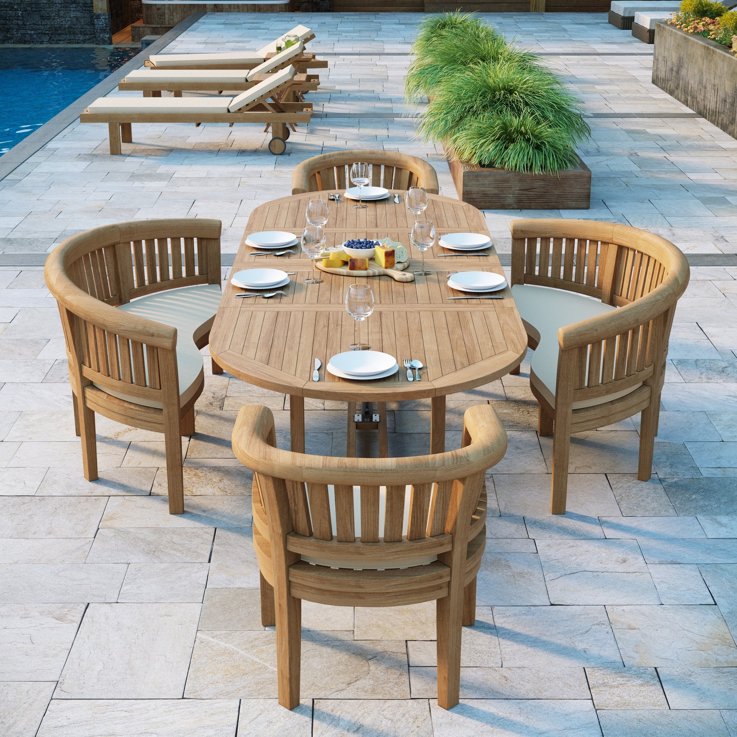 Lisbon Teak Garden Dining Table And 4 Seat Chair Set - Teak Table 2 Chairs 2 Benches Green Cushions