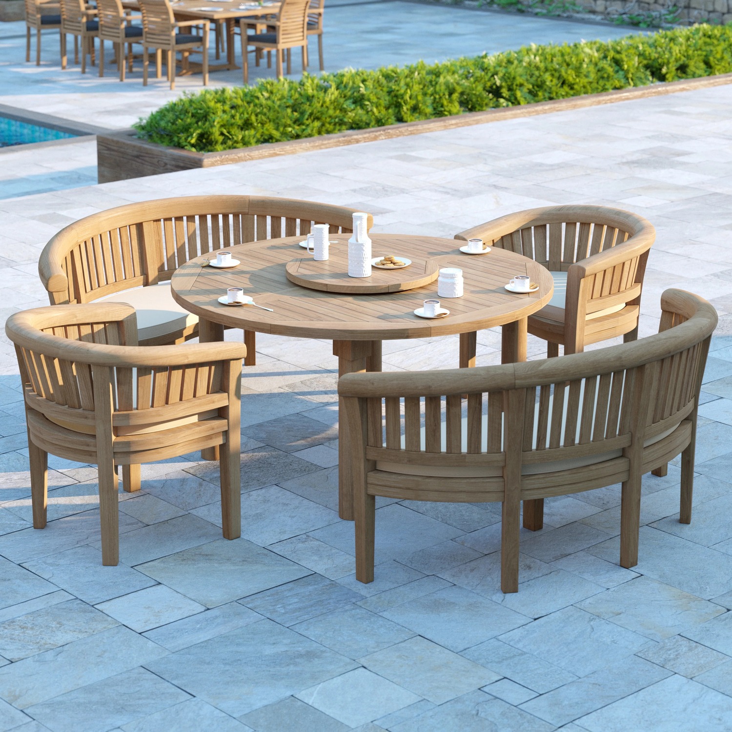 Bercial Teak Garden Dining Table And 4 Seat Chair Set - Teak Table 2 Chairs 2 Benches Green Cushions