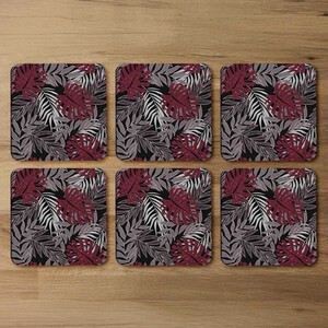 Tropical Leaves In Red White  Grey Coaster