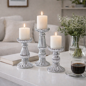 3 Piece Sillver Pillar Candle Holder Set