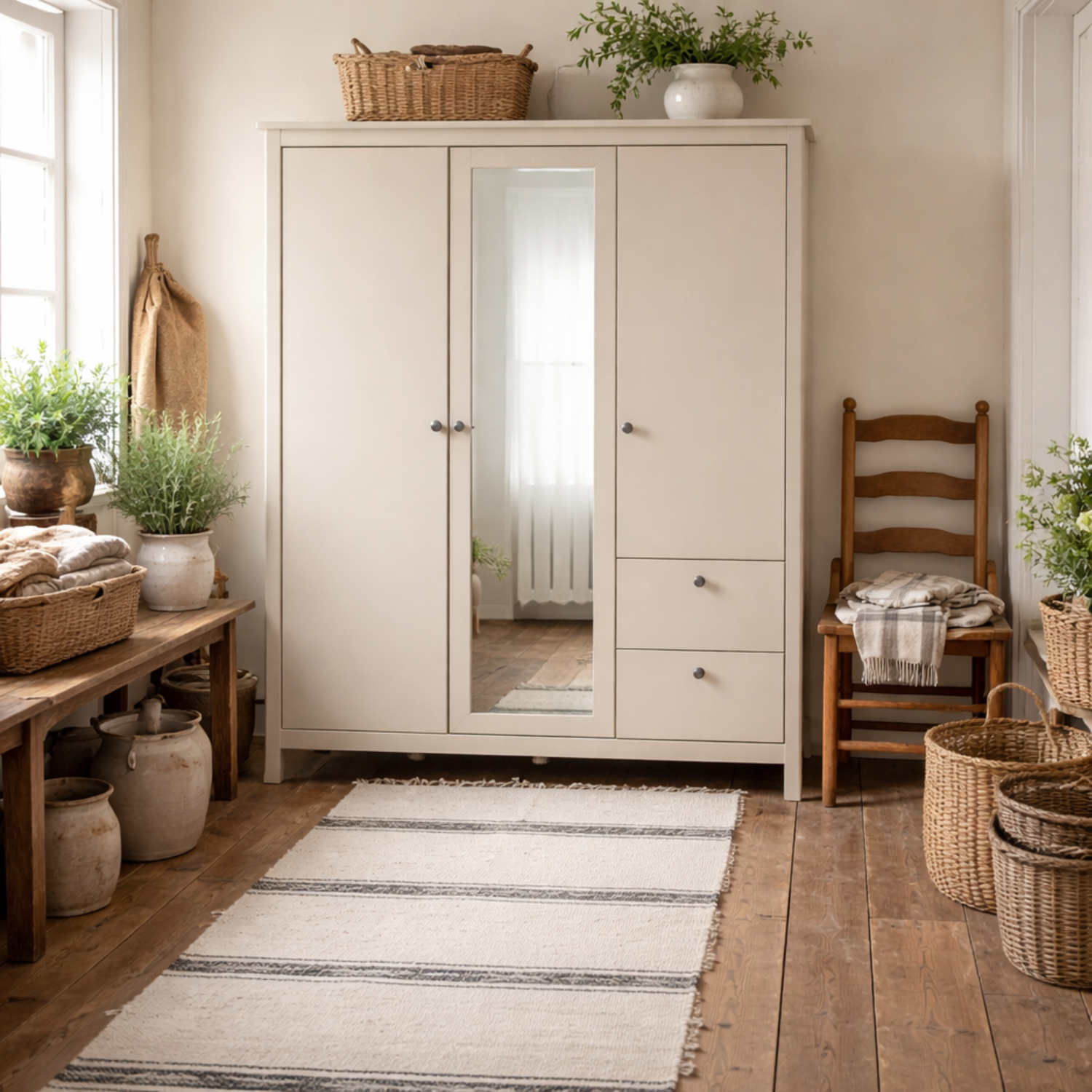 Gossmere 3-Door Sliding Wardrobe with Mirror and 2 Drawers, Natural Cashmere Matt - Cream