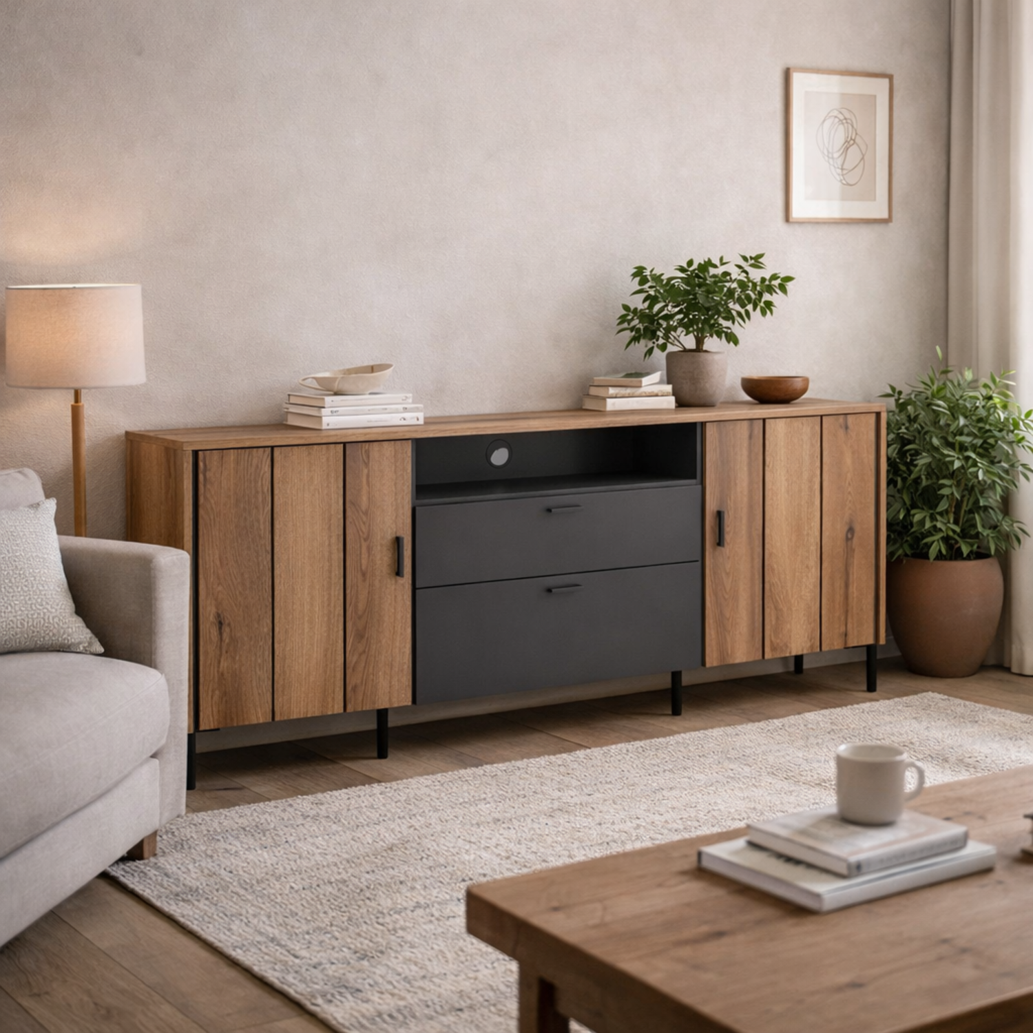 Wyld Haus Nightbloom 158cm Panelled TV Cabinet in Grey and Oak Effect 2 Door 2 Drawer - Grey