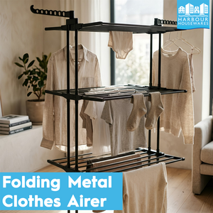 Folding Metal Wheeled Clothes Airer - 4-Tier - Black