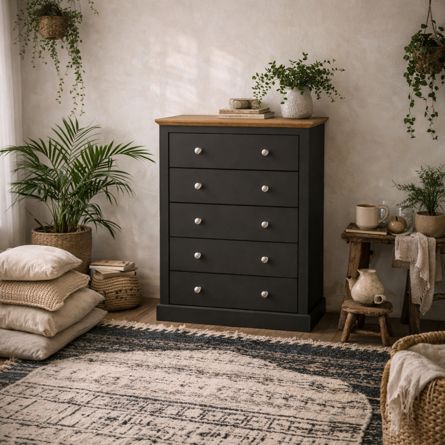 Ardee Tall 5 Drawer Chest Dark with Natural Top - Grey