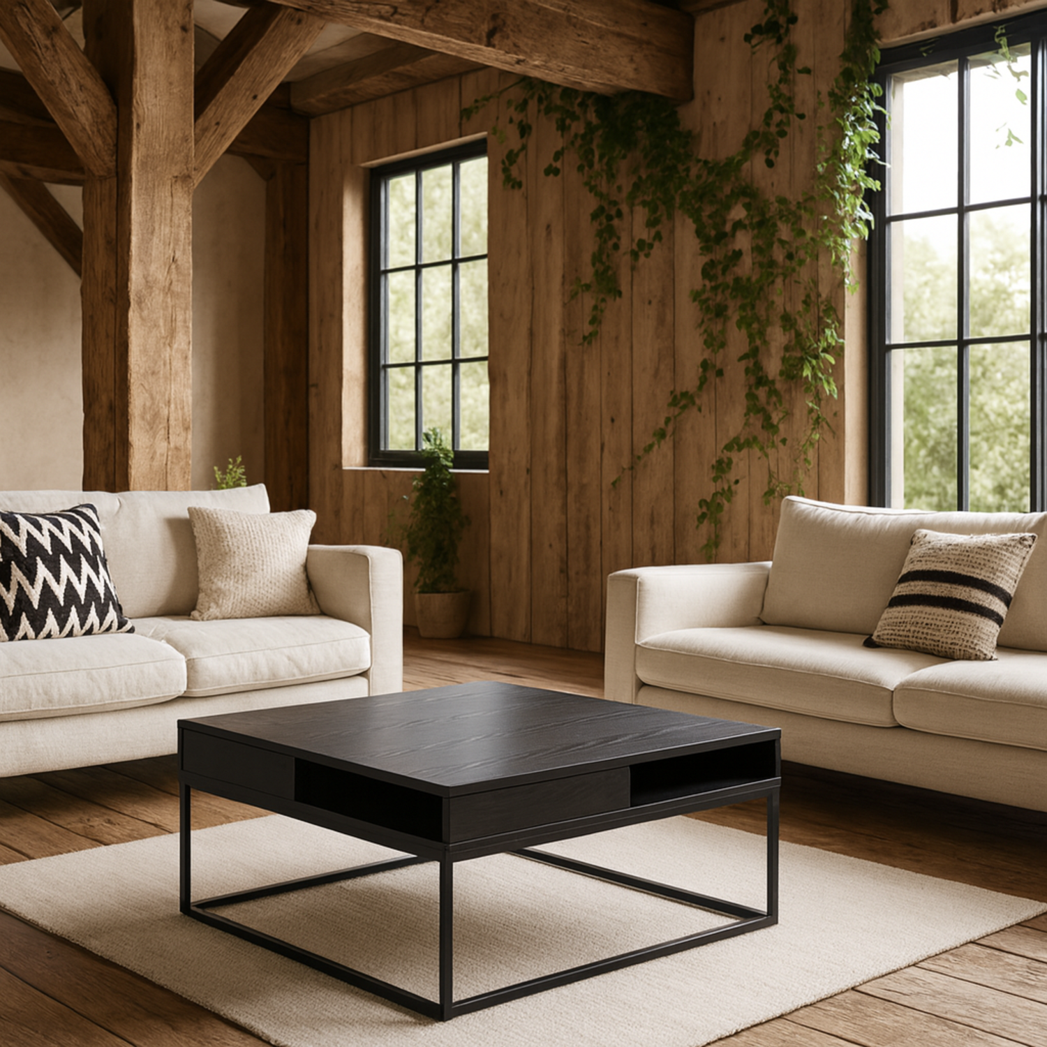 Pisa Square Coffee Table Wood Top Matt Steel Base - Black
