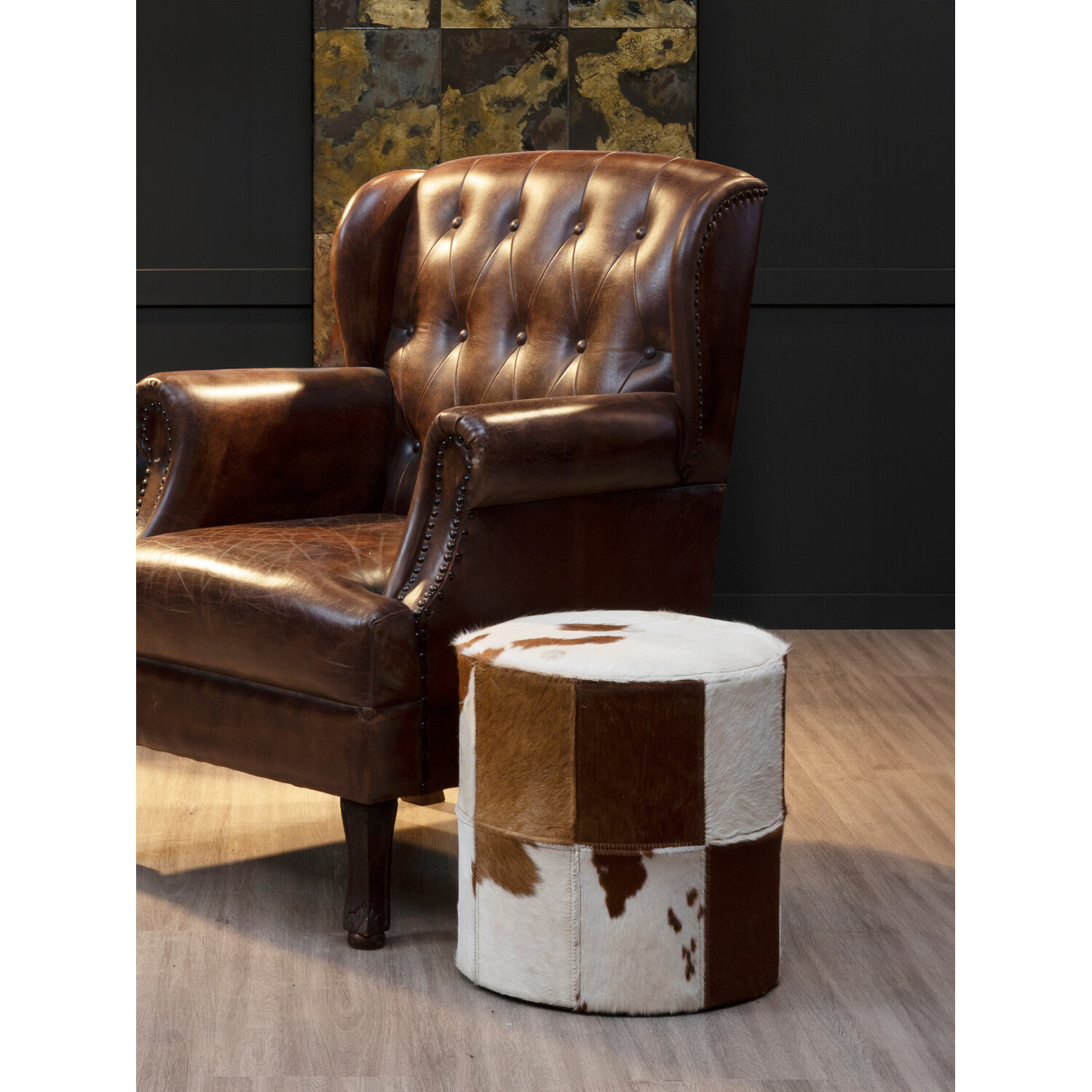 Kensington Townhouse Brown And White Cowhide Hair on Leather Stool - White