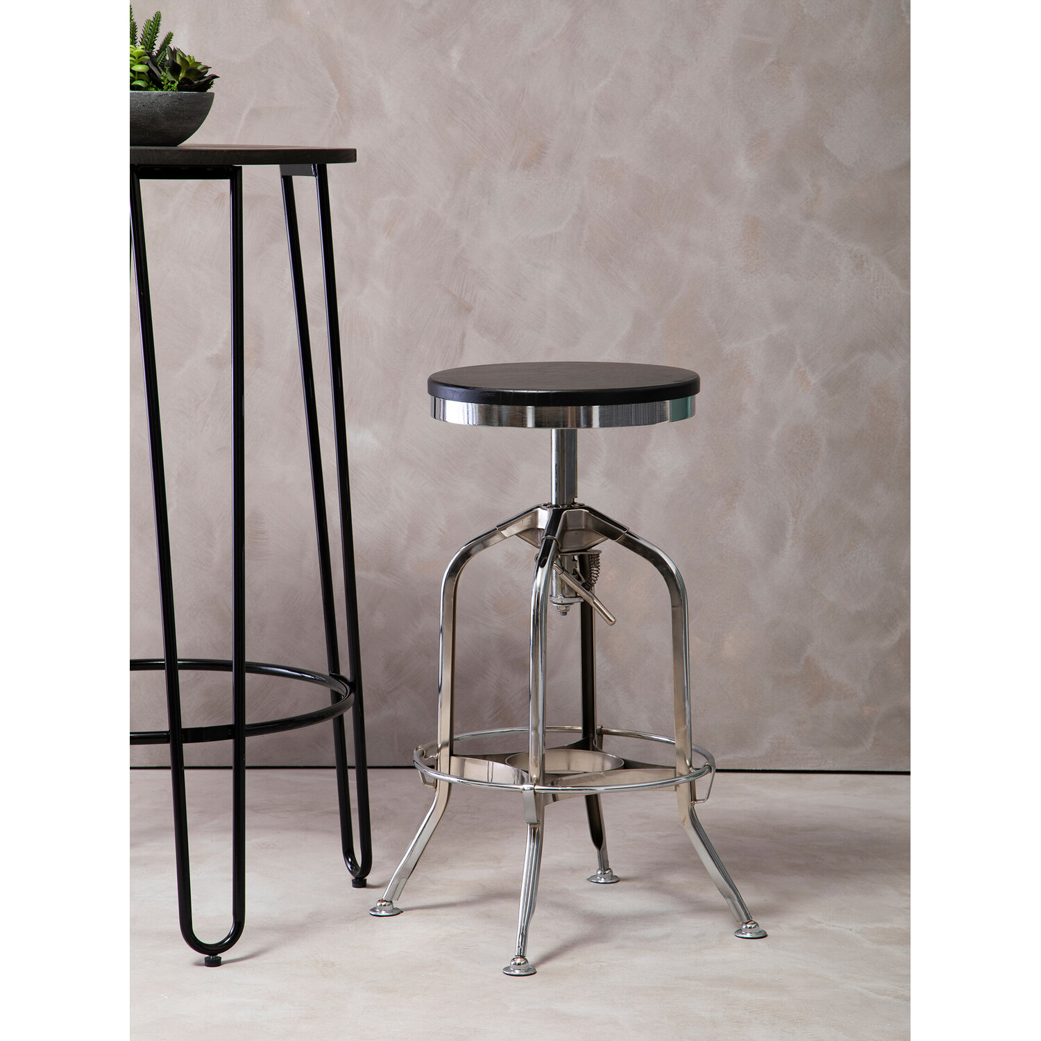 Gator Chrome and Ash Wood Adjustable Bar Stool - Black
