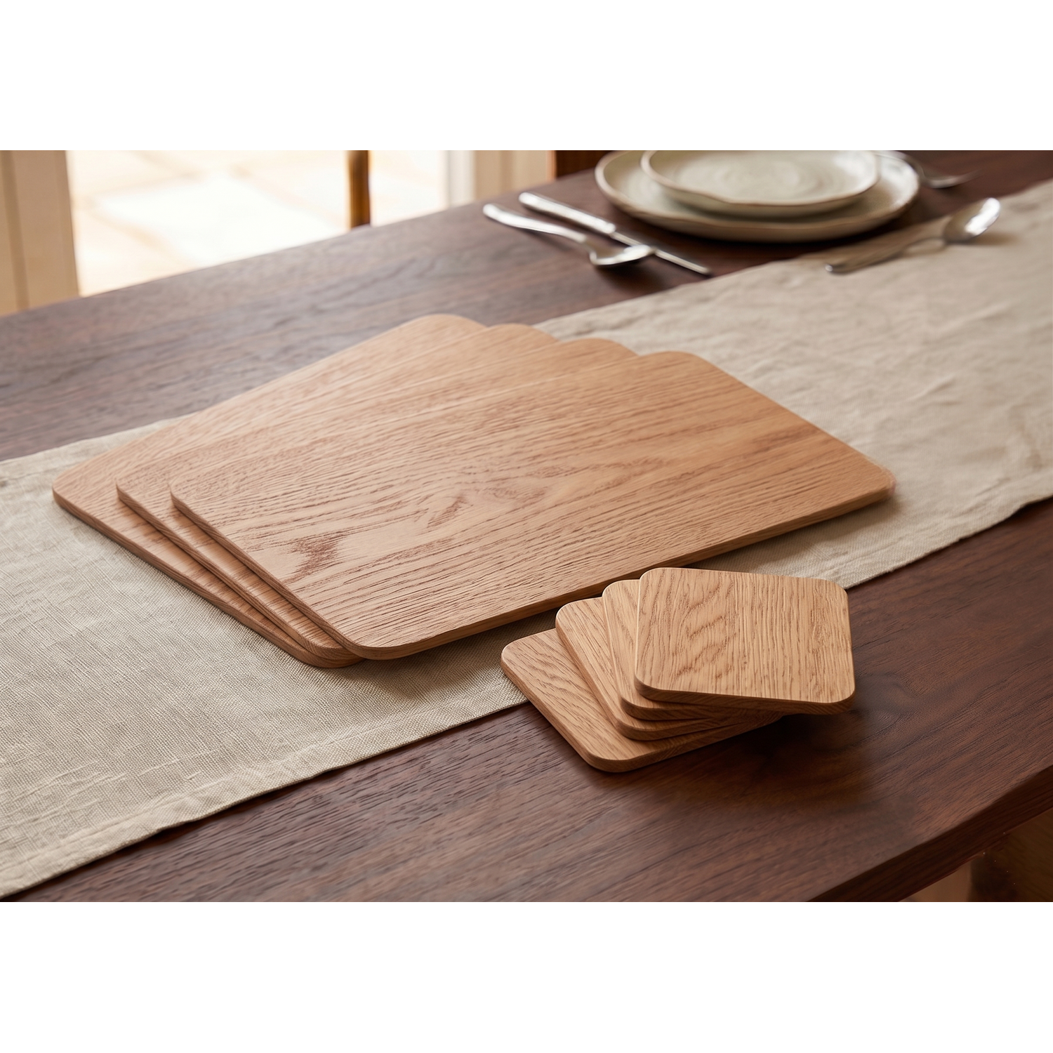 8x Natural Oak Placemats & Coasters Wood Veneer Round Edges - Natural Oak