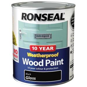 Ronseal 10 Year Weatherproof Wood Paint Black Gloss 750ml - 2-in-1, No Primer Needed