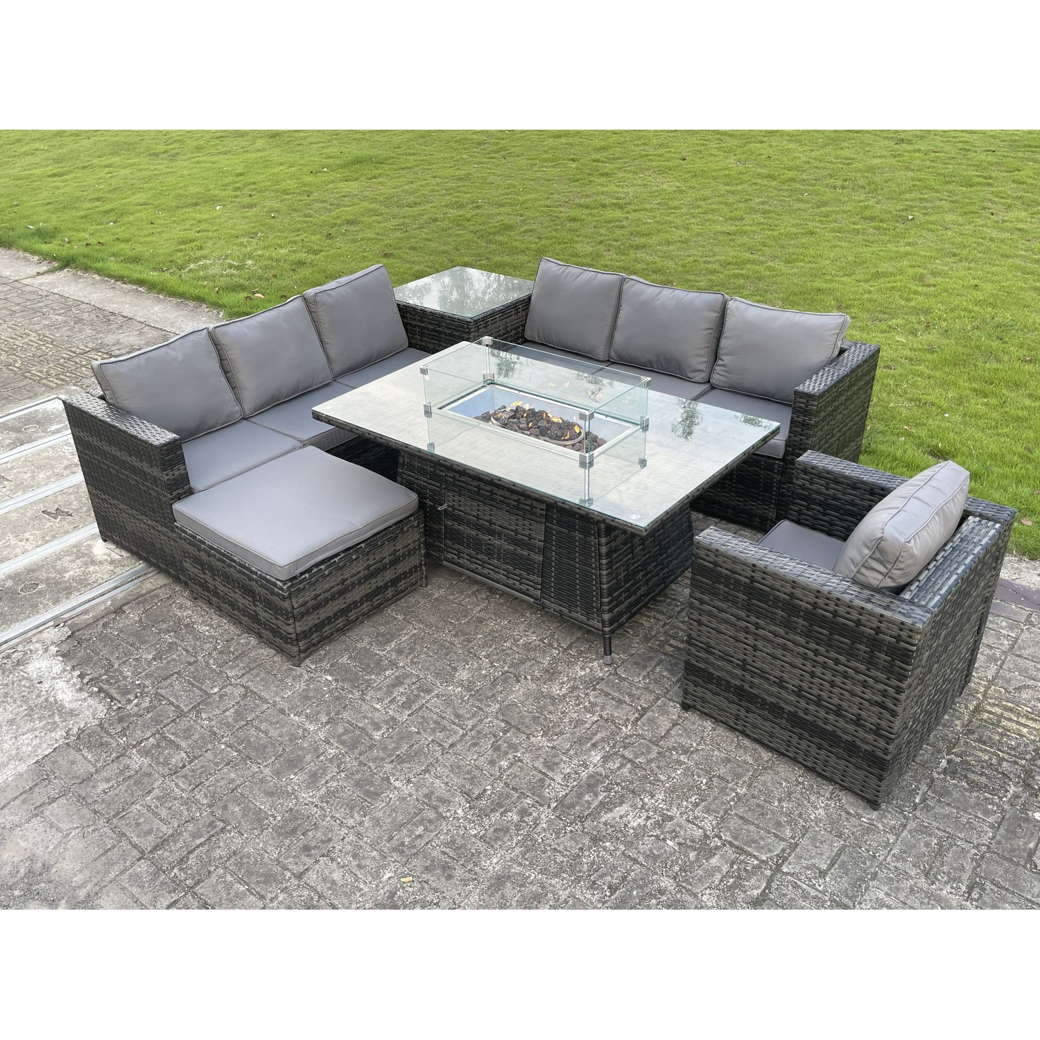 Fimous Rattan Gas Fire Pit Corner Dining Set Chair Stool