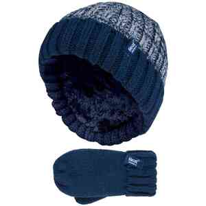Kids Boys Winter Knitted Thermal Fleece Lined Cuffed Beanie Hat & Mittens Set