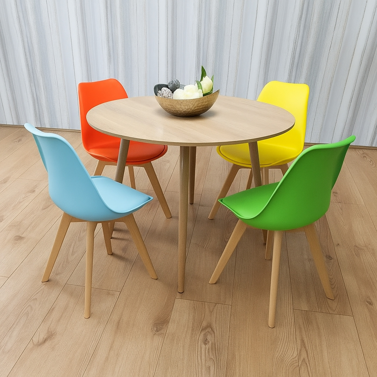 Kosy Koala Modern Round Dining Table Set With 4 Colourful Plastic Chairs Dining Room Furniture - Brown
