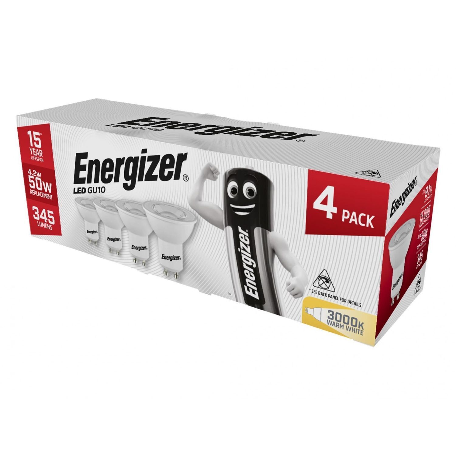 Energizer Led Gu10 50 Non-Dimmable Bulb, Warm White 345 Lm 4.2W (Pack 4) - Multi Colour