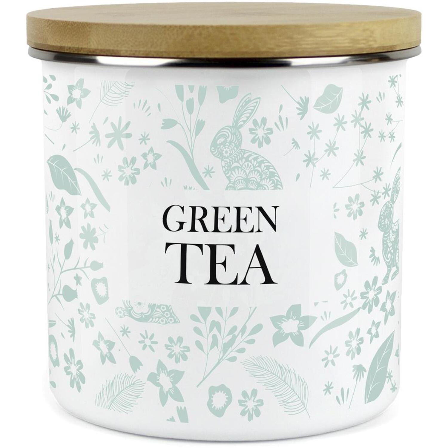B&Q - Green Wild Rabbits Green Tea Storage CanisterWhite Metal Enamel Kitchen Food Storage Container - Image 2