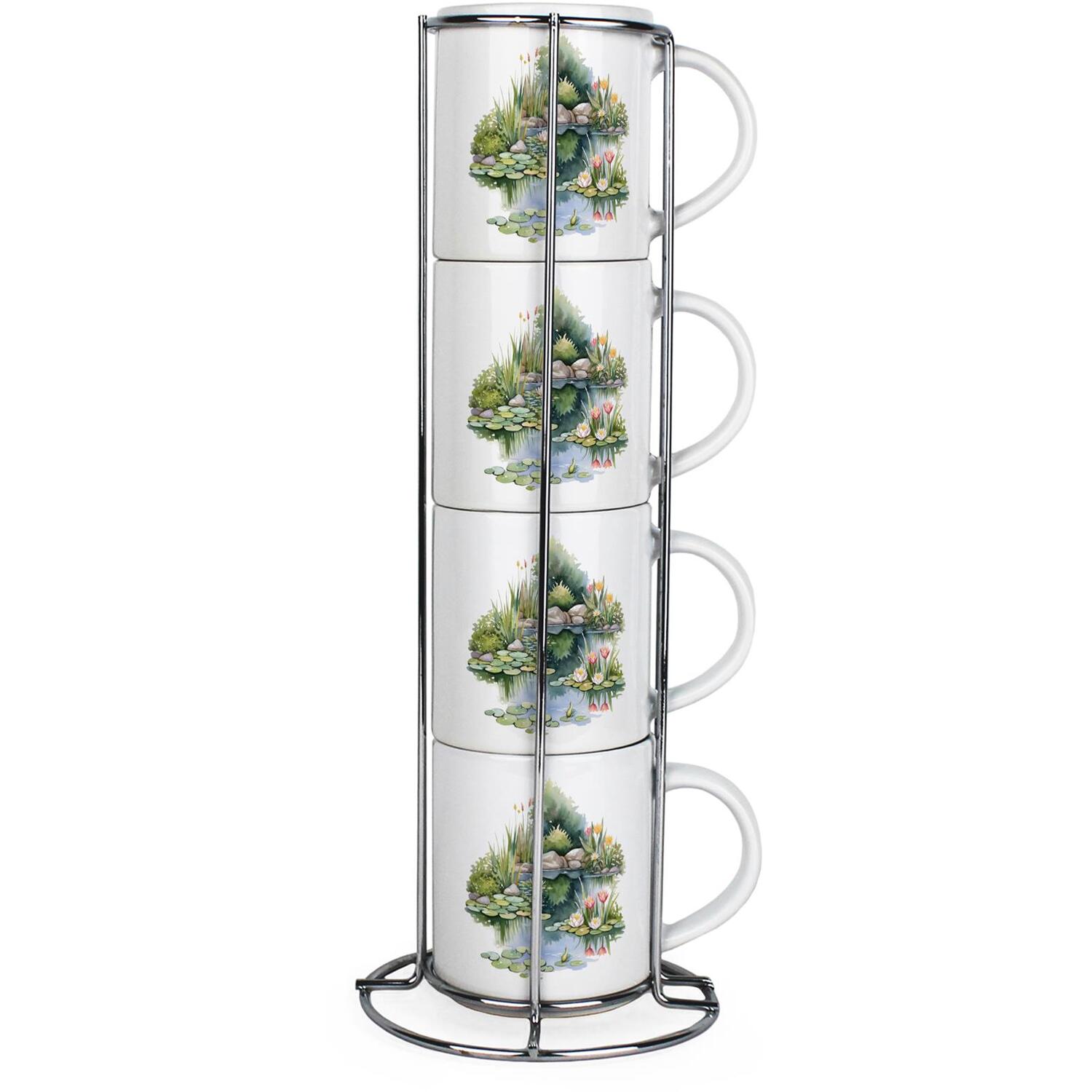 B&Q - Beautiful Garden Stacking Mugs SetPresents For GardenersSet Of 4 Ceramic Mugs Gift Set With Metal Stand - Image 2