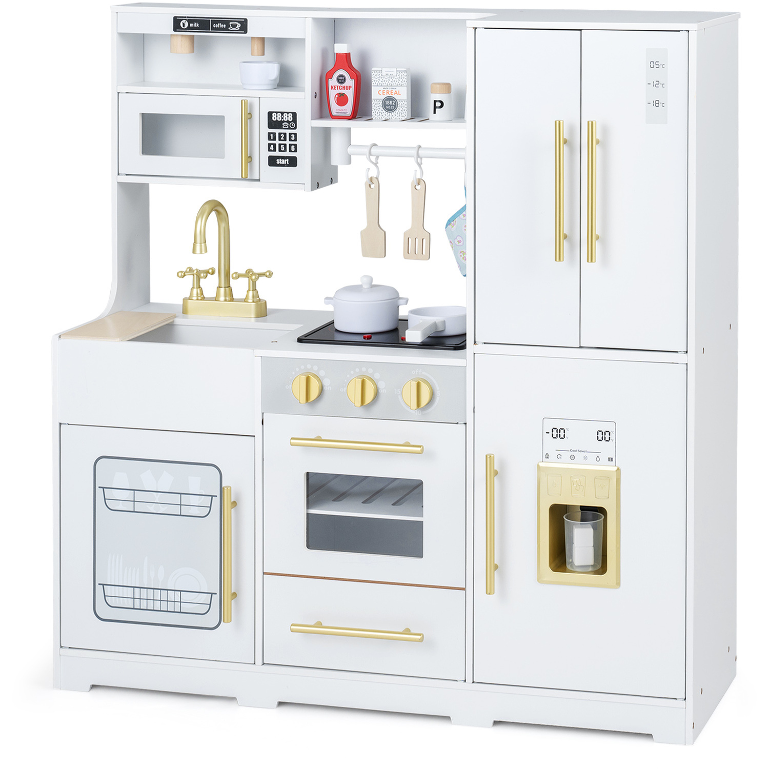 Costway Wooden Toddler Pretend Play Toy Play Kitchen W Realistic Lights And Sounds-Pink - White