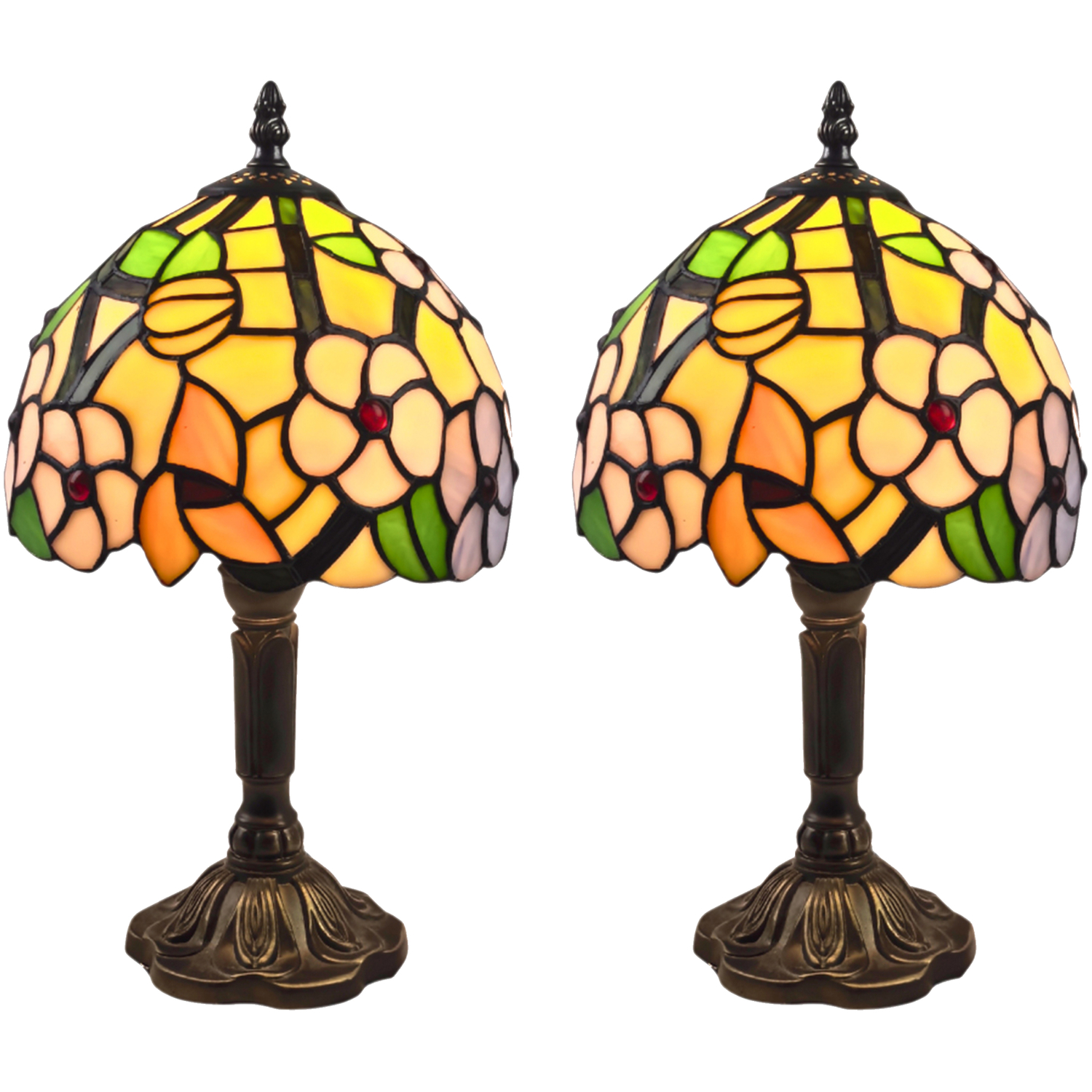 First Choice Lighting Set Of 2 Stanley Table Lamp With Shades - Antique Brass & Multi Coloured