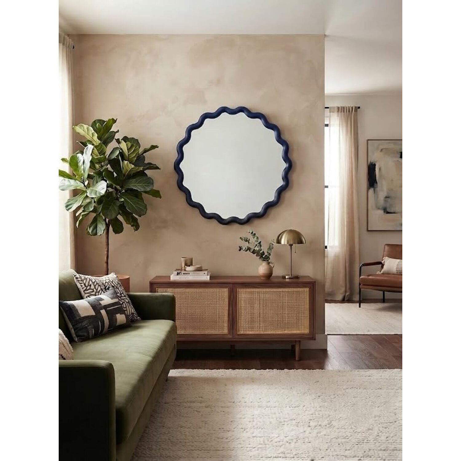 DEENZ Striking Wave Edges Design Round Wall-Mounted Playful Ideal Mirror Hues Glass And PP Framed Interior Decor Style Easy To Use 49.5 X 2.5 Cm (BLUE) - Image 2
