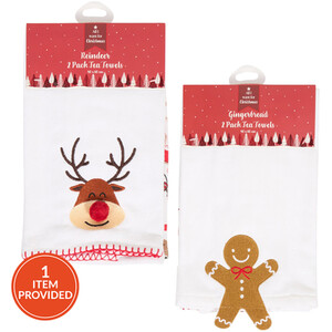 Pack of 2 Reindeer or Gingerbread Tea Towels