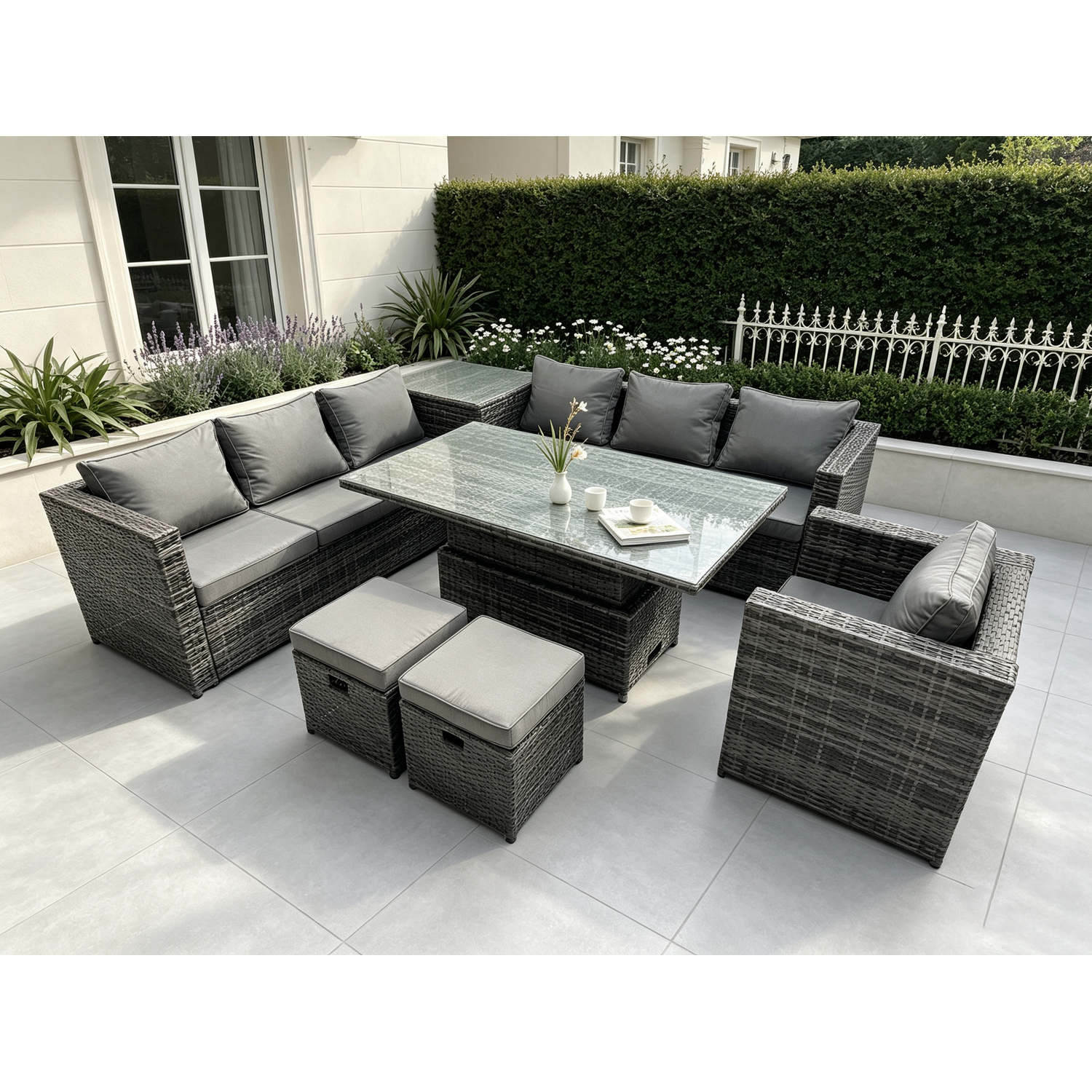 B&Q - 9 Seater Pe Rattan Corner Sofa Set Rising Adjustable Dining Table Set High Side Coffee Table With Arm Chair Stools - Image 2