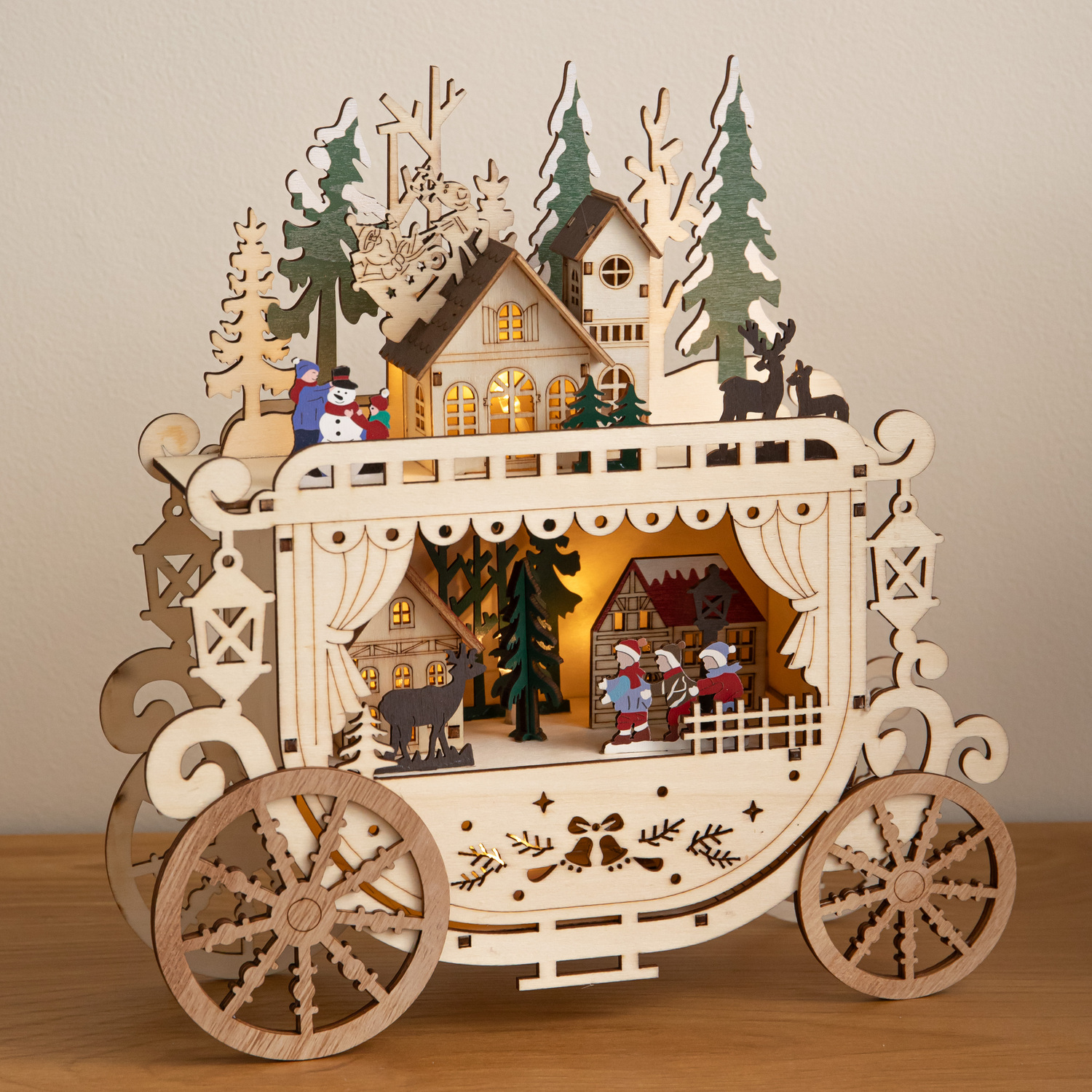 Premier 25Cm Battery Powered Light Up Wooden Christmas Carriage Village With Warm White Leds - Image 3