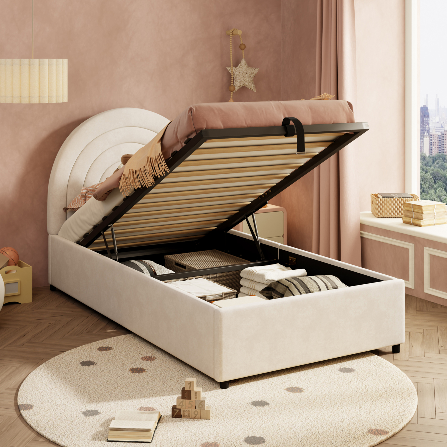 Aka Single Upholstered Bed With Slatted Frame And Headboard - Cream