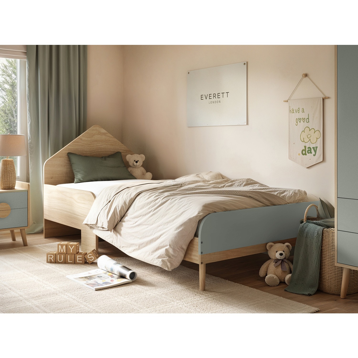 Flair Noah Single Bed Oak - Sage Green