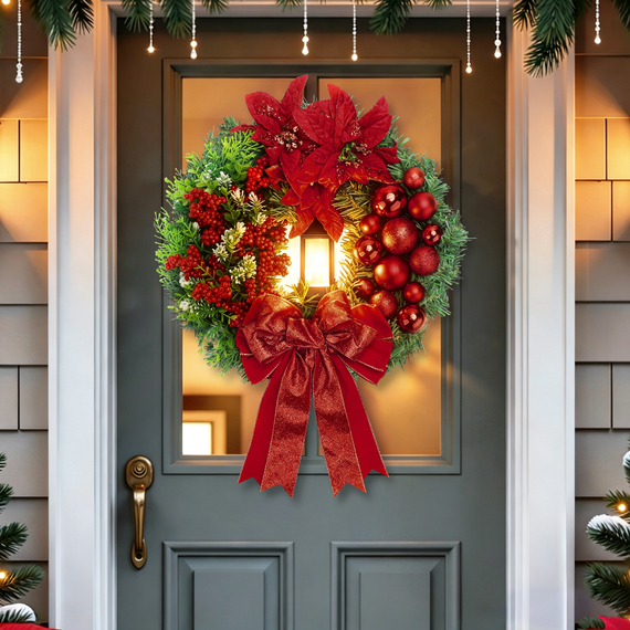 Pre-Lit Christmas Door Wreath with Illuminated Lantern