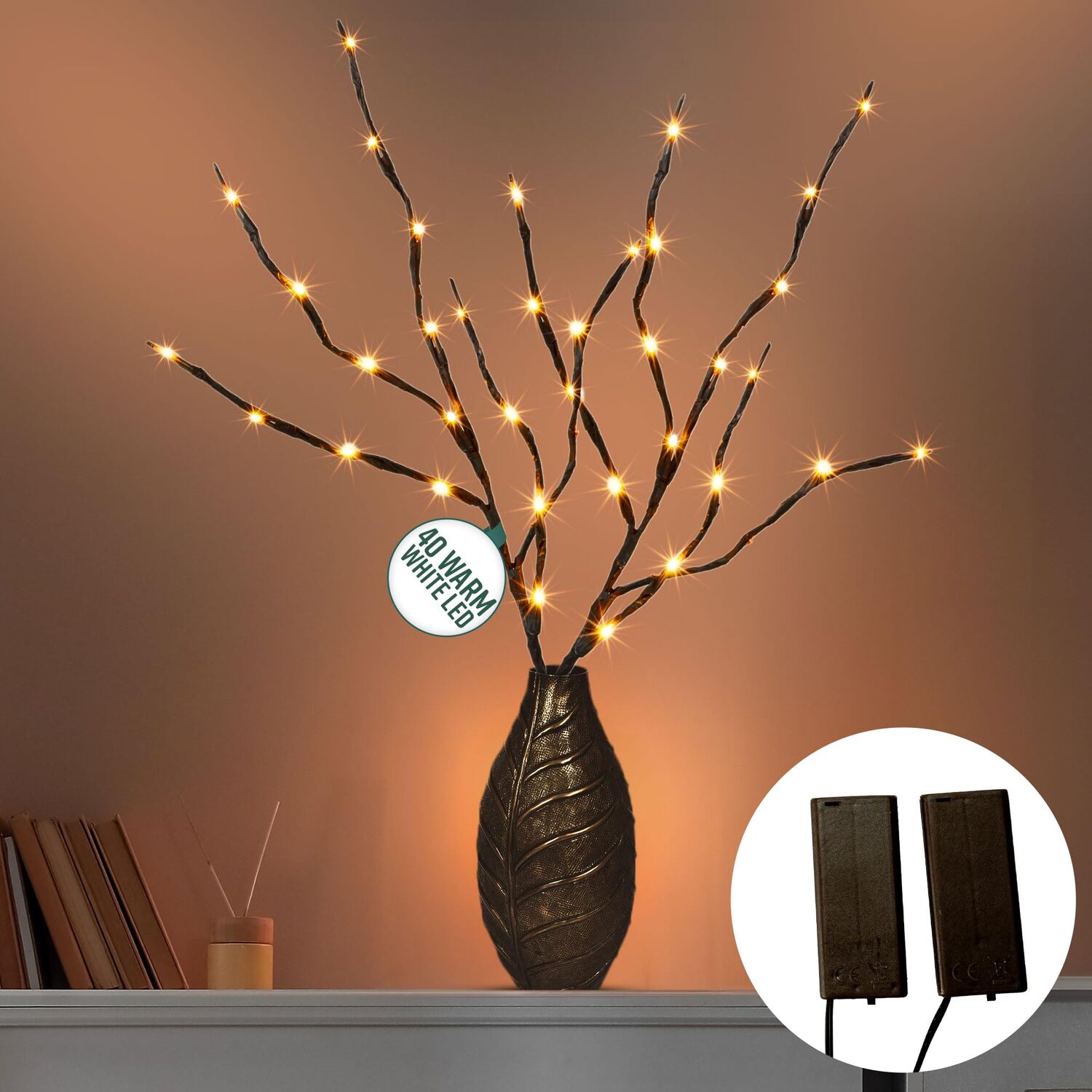 GloBrite 2 Pack LED Twig Branch Lights - Warm White Decorative Willow Branches, Battery Powered Lights, Home & Indoor Christmas Decorations, Cozy Festive Décor with Brown Branches (20 LEDs) - Image 2