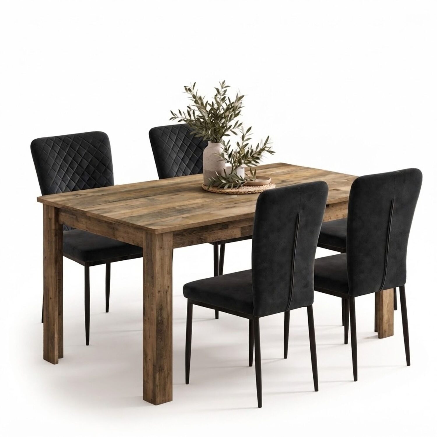 Rustic Wood Effect Dining Table and 4 Black High Back Diamond Stitch ...