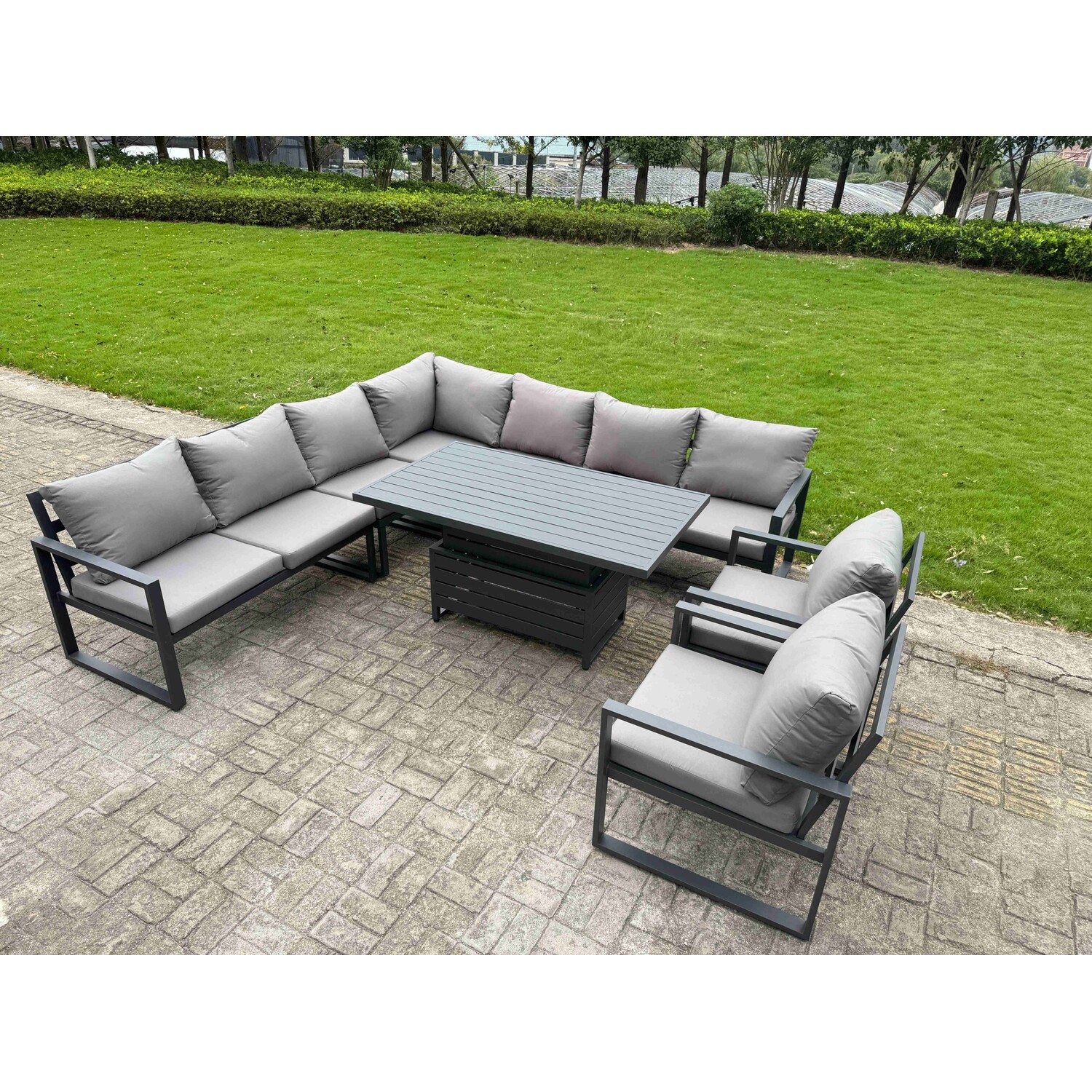 Rackhams Dark/Grey 9 Seater Aluminium Garden Furniture Set With Corner Sofa, Adjustable Rising Dining Table & 2 Chairs - Image 3