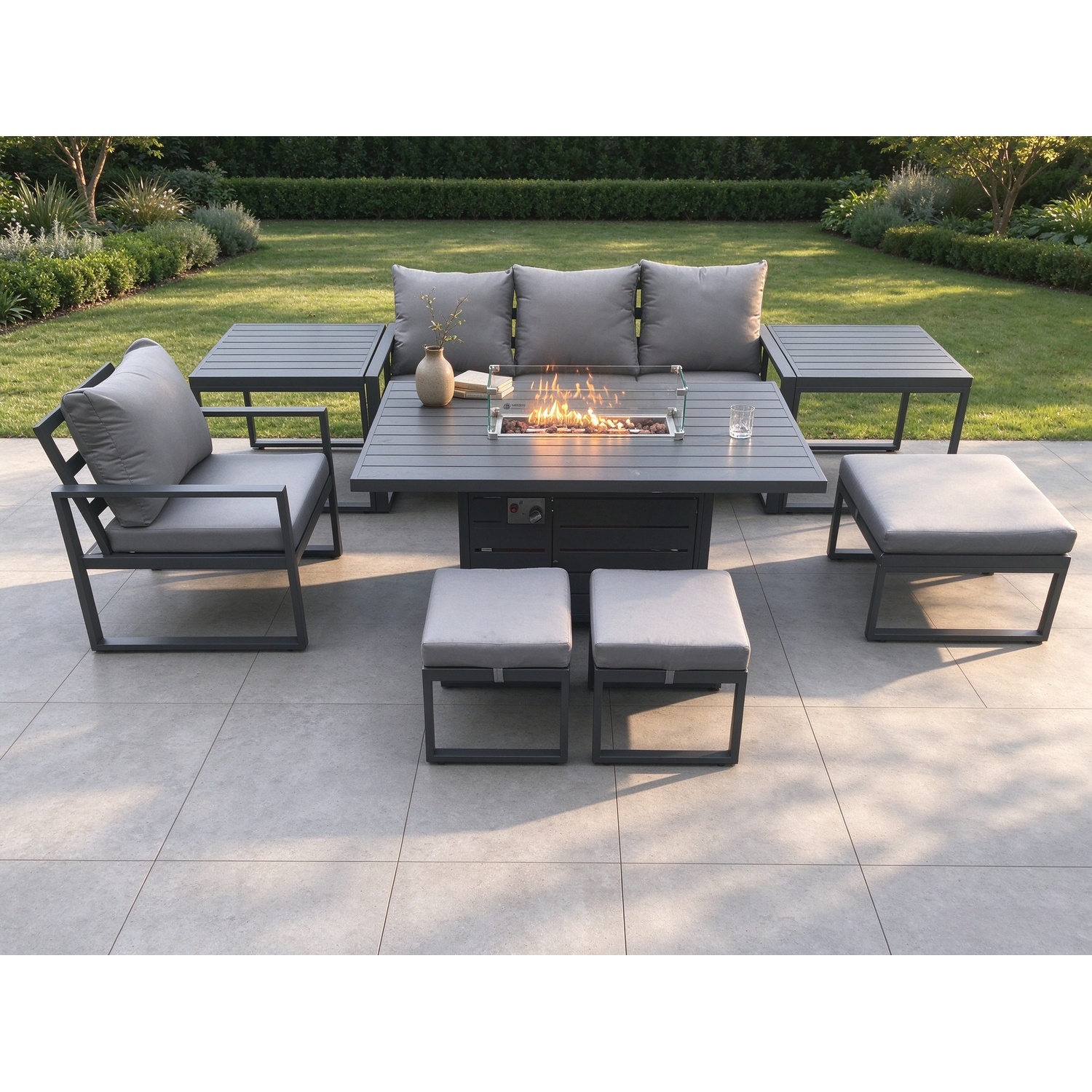 Fimous Unisex Dark Grey Aluminium Pieces Garden Furniture Sofa Set With Cushions Gas Fire Pit Dining Table Set With 3 Footstools 2 Side Tables Size 8 - Image 2